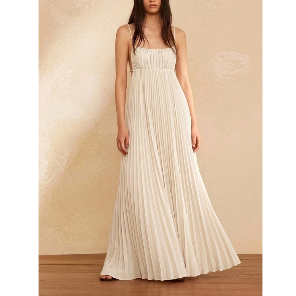 Cream Pleated Maxi Babydoll Dress Open Back Flowy Skirt Tie Straps Lined - Picture 10 of 16